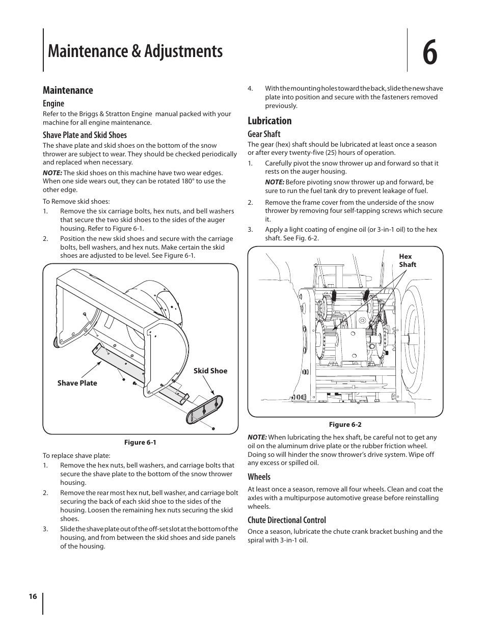 Maintenance & adjustments, Lubrication, Maintenance | Troy-Bilt 4510 User Manual | Page 16 / 28