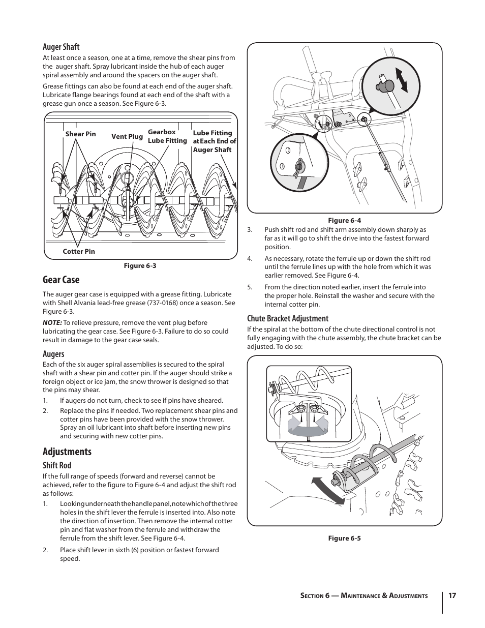 Gear case, Adjustments, Auger shaft | Augers, Shift rod, Chute bracket adjustment | Troy-Bilt 4510 User Manual | Page 17 / 28