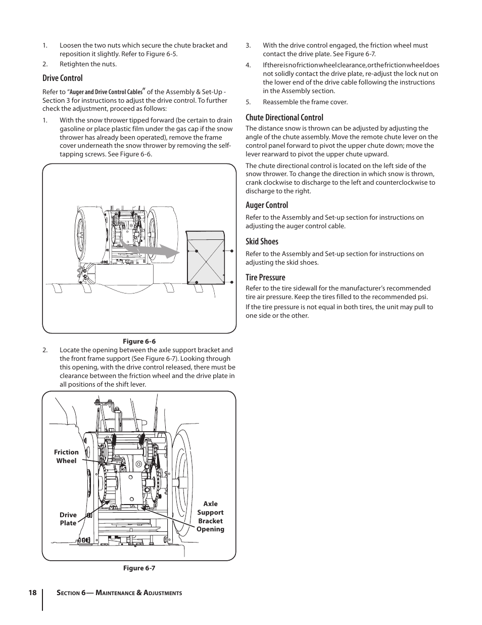 Drive control, Chute directional control, Auger control | Skid shoes, Tire pressure | Troy-Bilt 4510 User Manual | Page 18 / 28