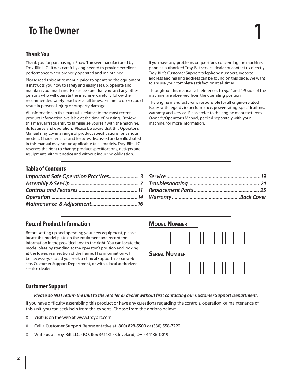 Record product information, Table of contents m, Customer support | Troy-Bilt 4510 User Manual | Page 2 / 28