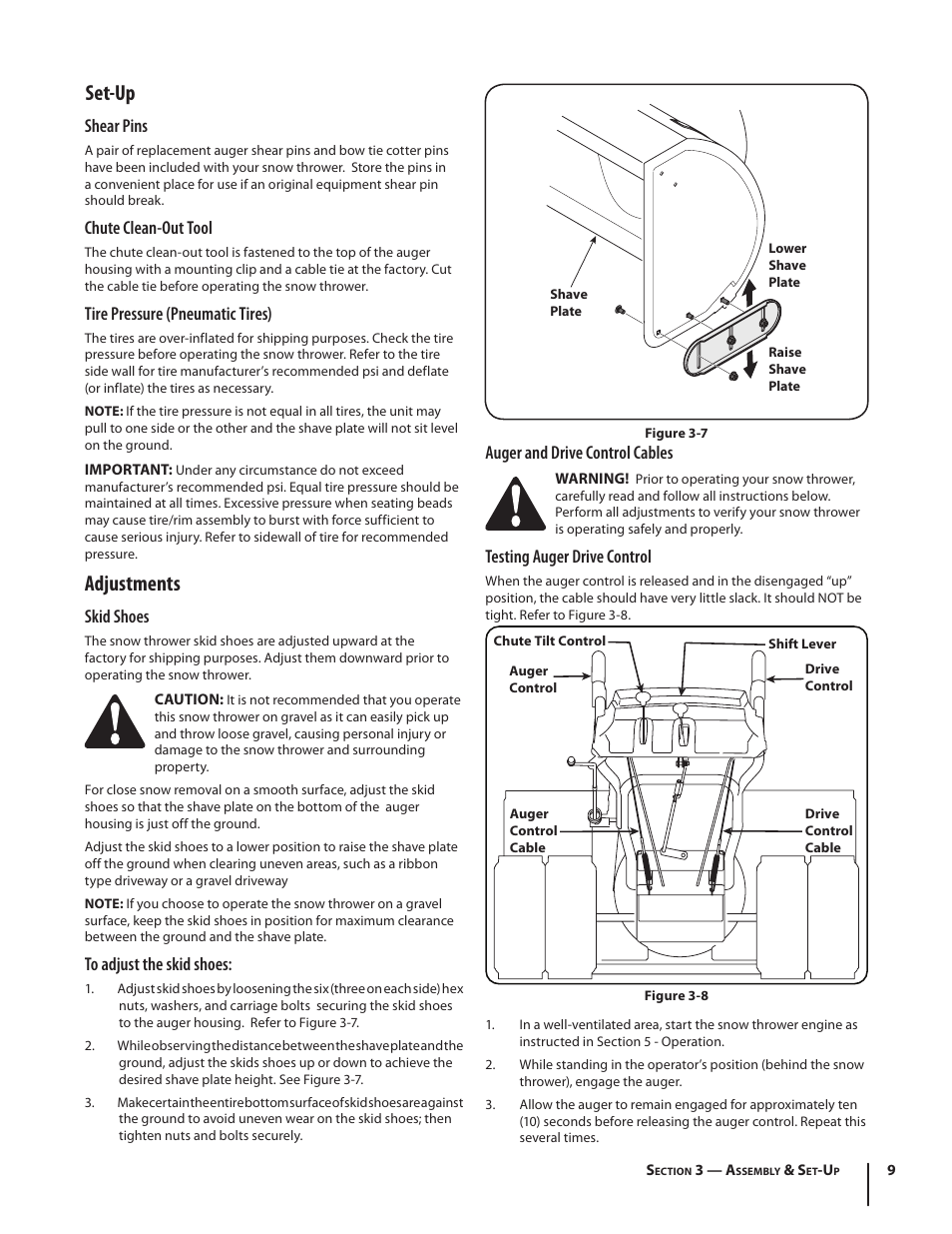 Set-up, Adjustments, Auger and drive control cables | Testing auger drive control, Shear pins, Chute clean-out tool, Tire pressure (pneumatic tires), Skid shoes | Troy-Bilt 4510 User Manual | Page 9 / 28