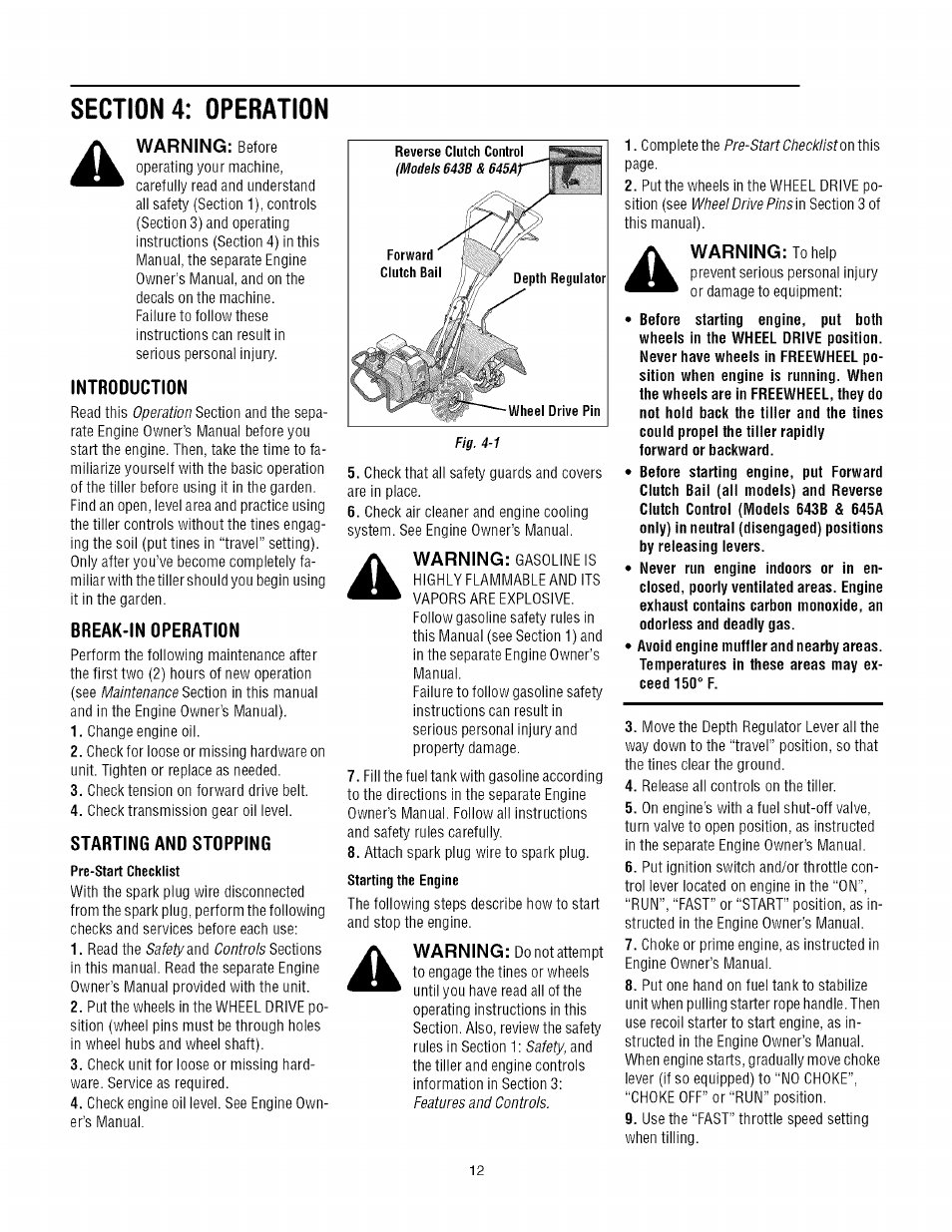Introduction, Break-in operation, Starting and stopping | Warning, Fig. 4-1 | Troy-Bilt TUFFY 645A User Manual | Page 12 / 32