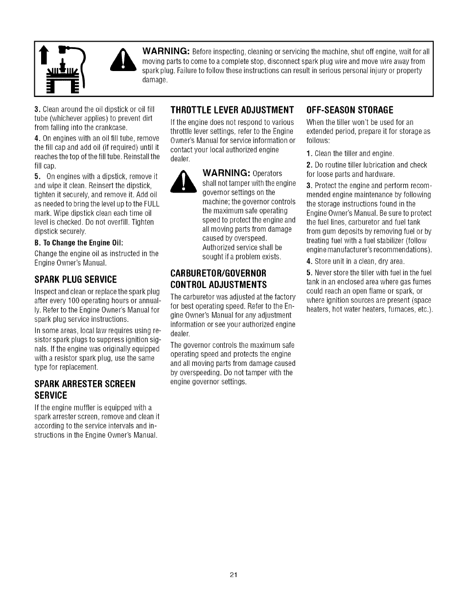 Spark plug service, Spark arrester screen service, Throttle lever adjustment | Carburetor/governor control adjustments, Off-season storage, Warning | Troy-Bilt TUFFY 645A User Manual | Page 21 / 32