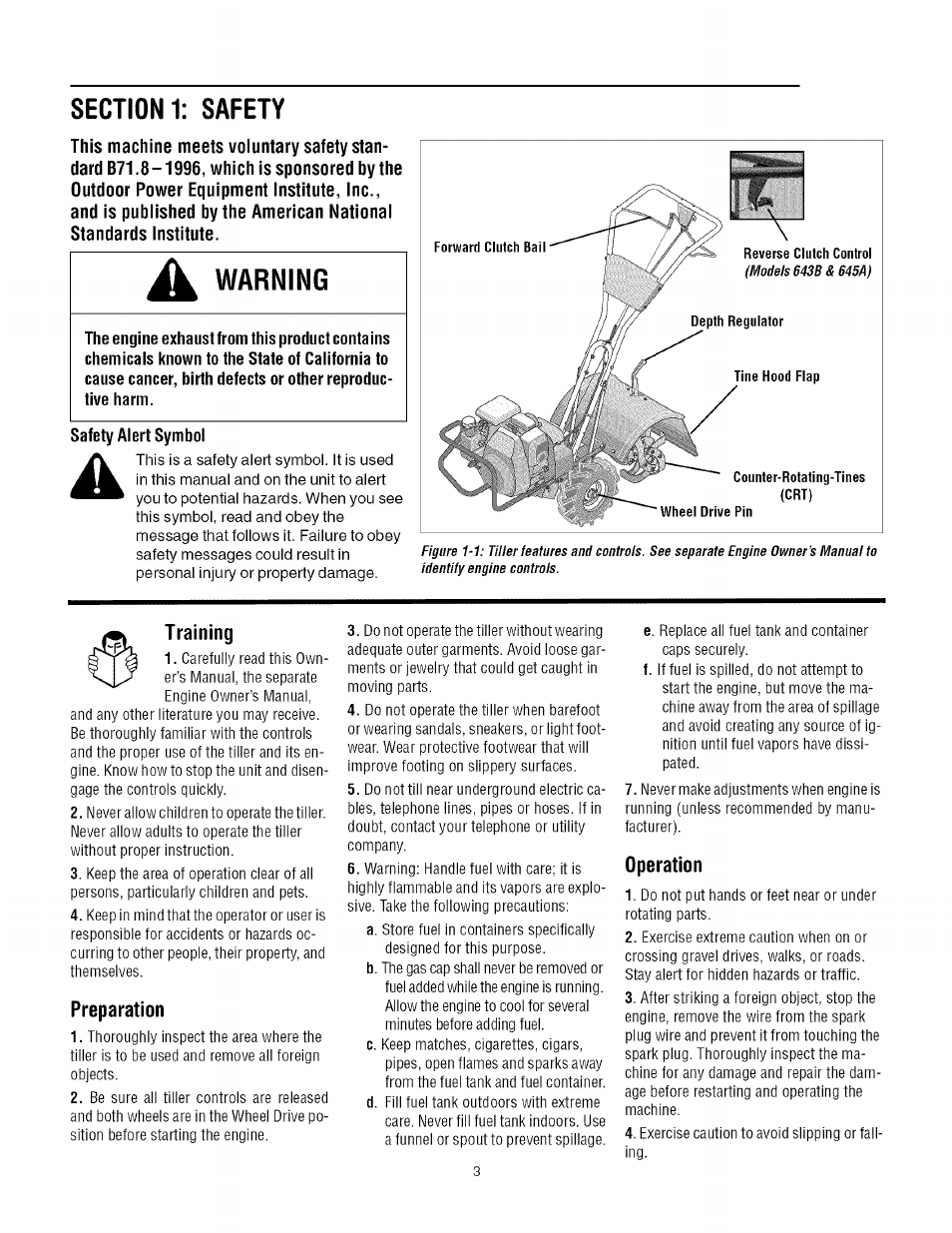 Training, Preparation, Operation | Warning | Troy-Bilt TUFFY 645A User Manual | Page 3 / 32