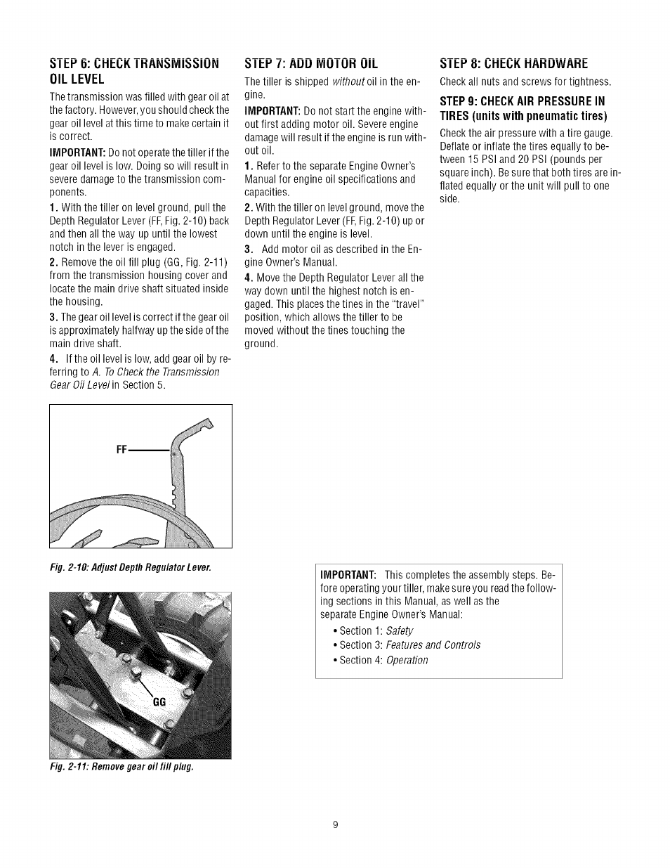 I>l tp 6: uhtuk ikansmissiun oil level, Fig. 2-10: adjust depth regulator lever, Fig. 2-11: remove gear oil fill plug | Troy-Bilt TUFFY 645A User Manual | Page 9 / 32