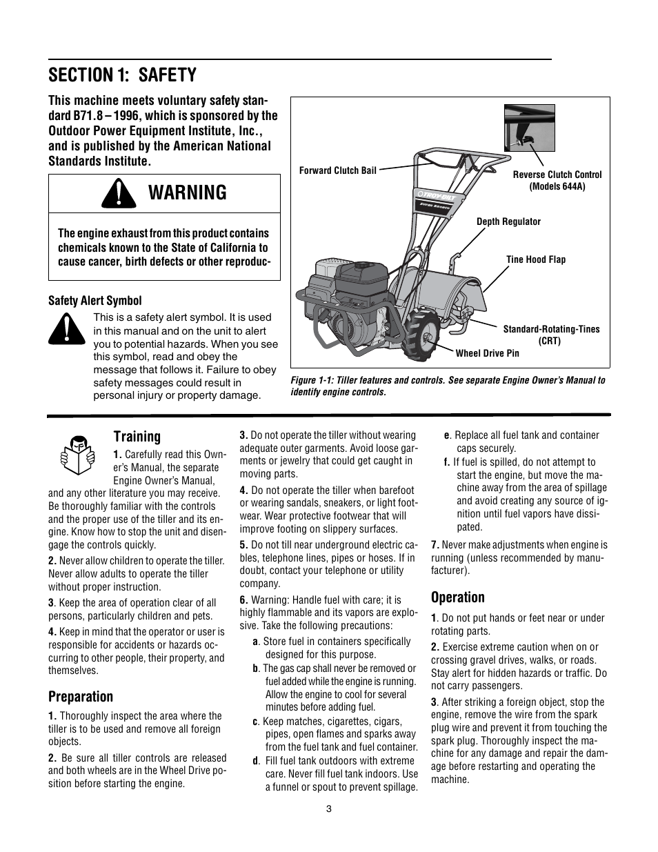 Section 1: safety, Warning, Training | Preparation, Operation | Troy-Bilt 640C-Tuffy CRT User Manual | Page 3 / 32