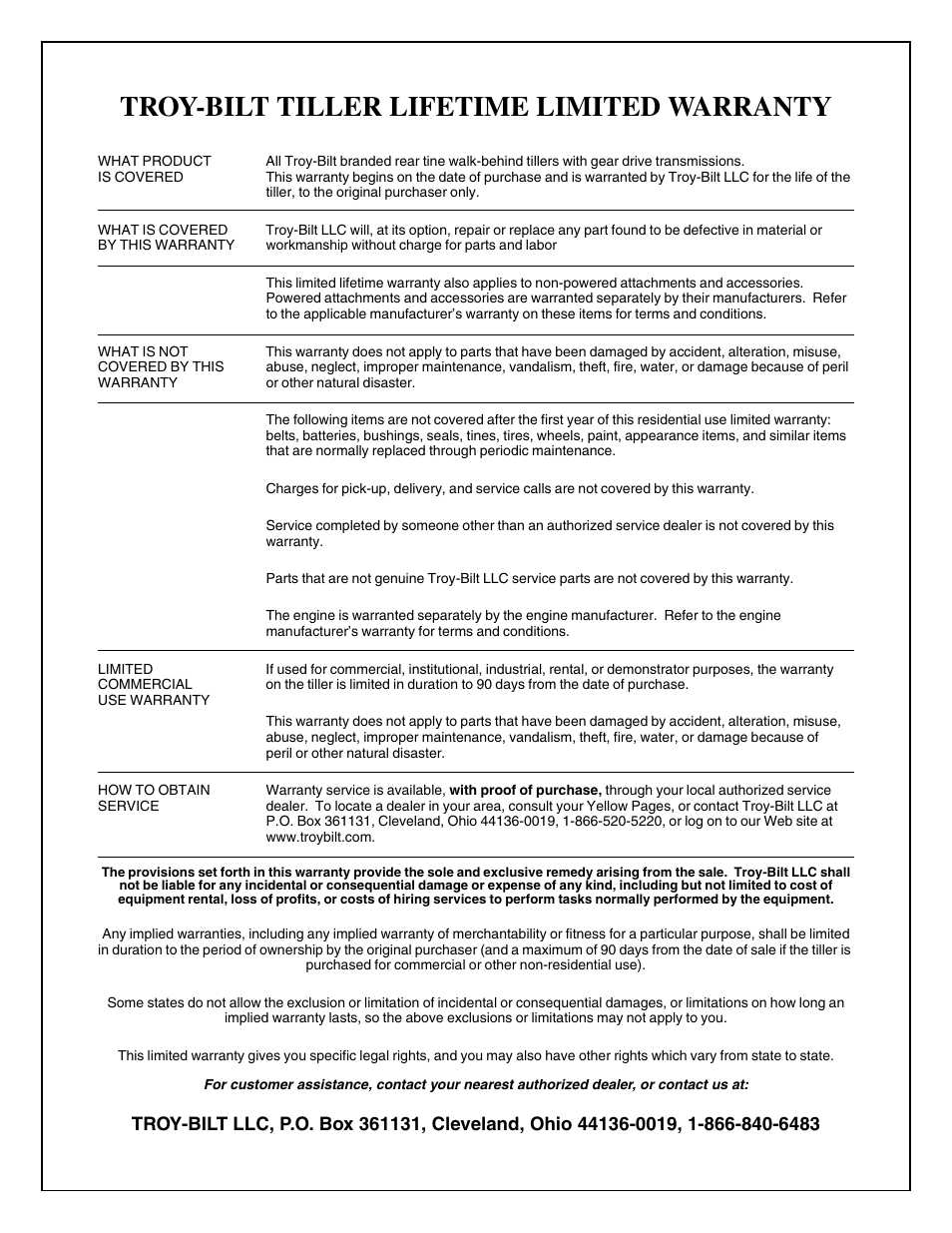 Troy-bilt tiller lifetime limited warranty | Troy-Bilt 640C-Tuffy CRT User Manual | Page 32 / 32