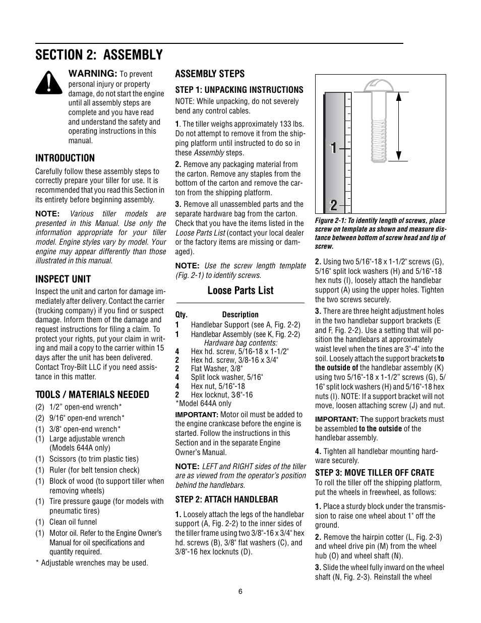 Section 2: assembly, Loose parts list, Introduction | Inspect unit, Tools / materials needed, Assembly steps | Troy-Bilt 640C-Tuffy CRT User Manual | Page 6 / 32