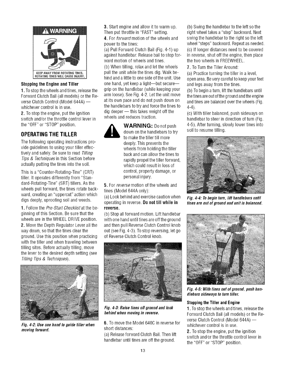 Ik warning, Operating the tiller, Warning | Troy-Bilt TUFFY CRT 644A User Manual | Page 13 / 32