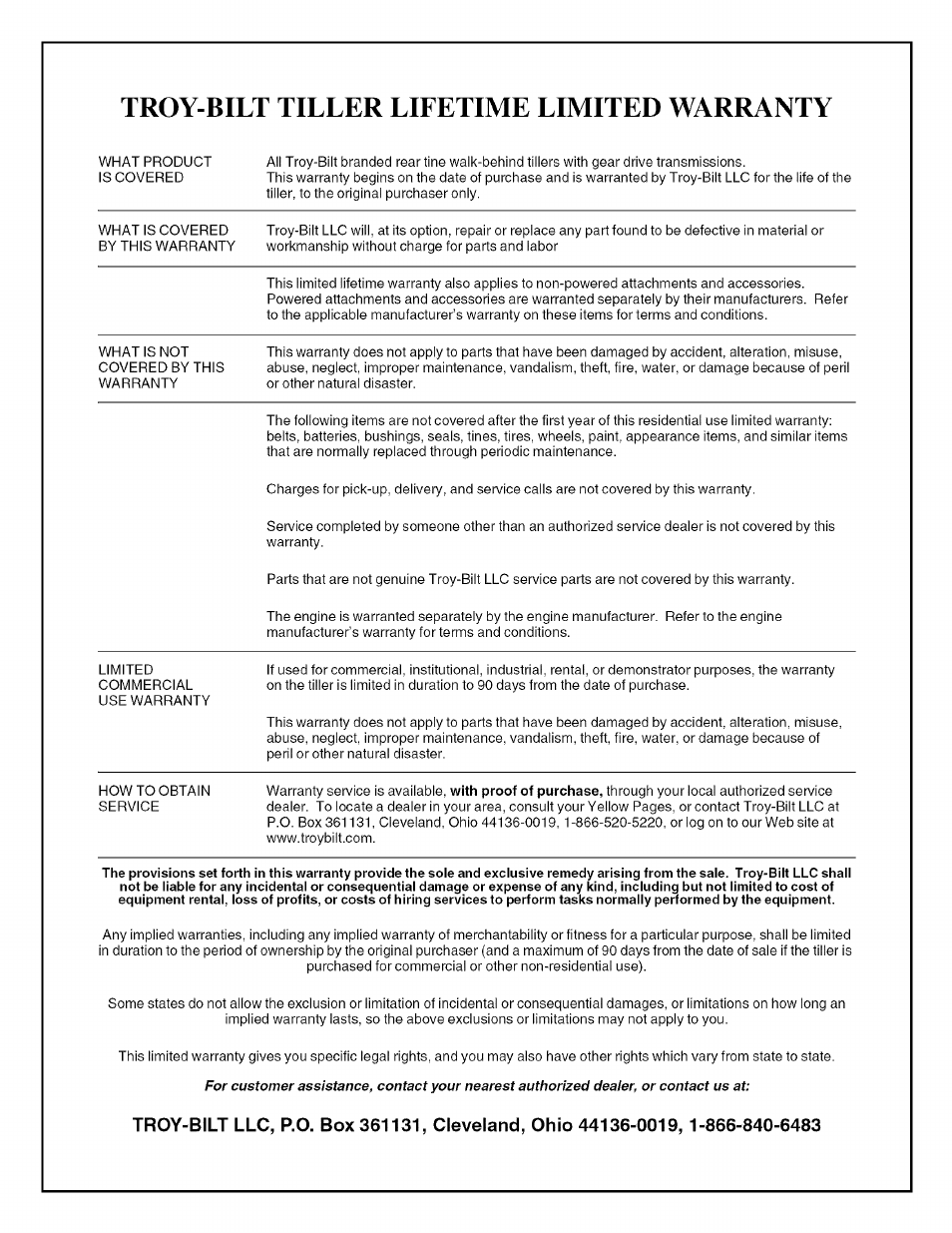 Troy-bilt tiller lifetime limited warranty | Troy-Bilt TUFFY CRT 644A User Manual | Page 32 / 32