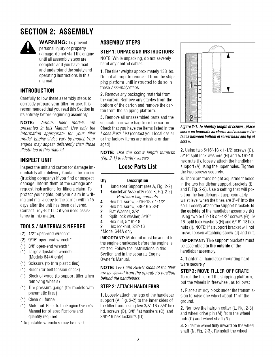 Introduction, Inspect unit, Tools / materials needed | Assembly steps, Loose parts list, Warning | Troy-Bilt TUFFY CRT 644A User Manual | Page 6 / 32