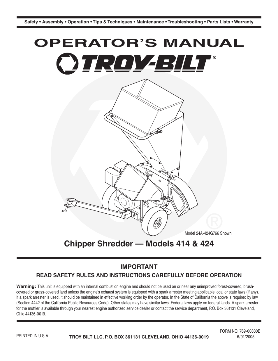 Troy-Bilt 424 User Manual | 16 pages