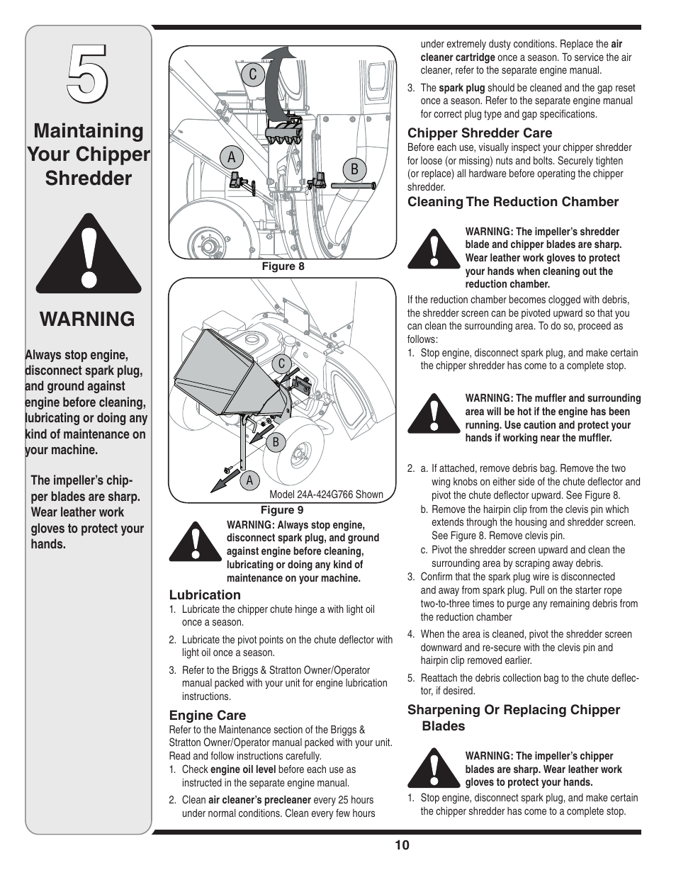 Maintaining your chipper shredder warning | Troy-Bilt 424 User Manual | Page 10 / 16