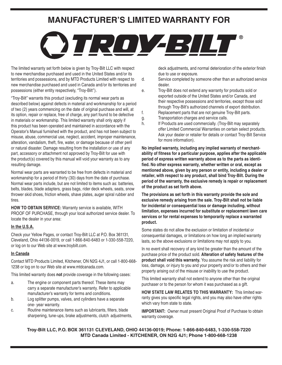 Manufacturer’s limited warranty for | Troy-Bilt 424 User Manual | Page 16 / 16