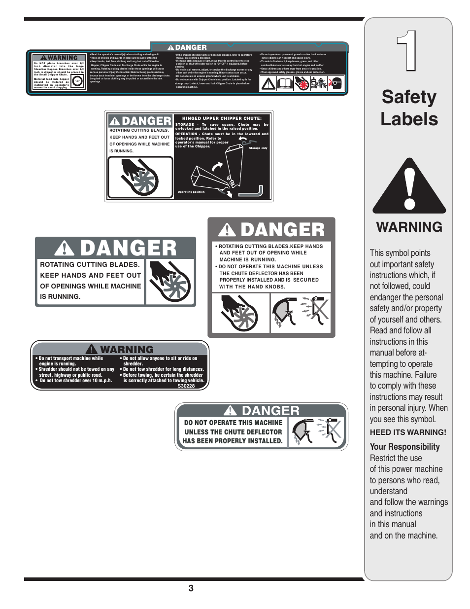 Safety labels, Warning | Troy-Bilt 424 User Manual | Page 3 / 16