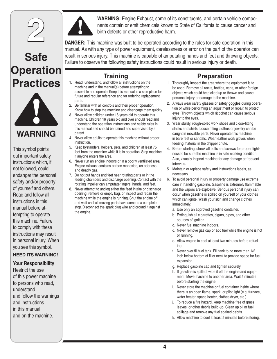 Safe operation practices, Warning, Training | Preparation | Troy-Bilt 424 User Manual | Page 4 / 16