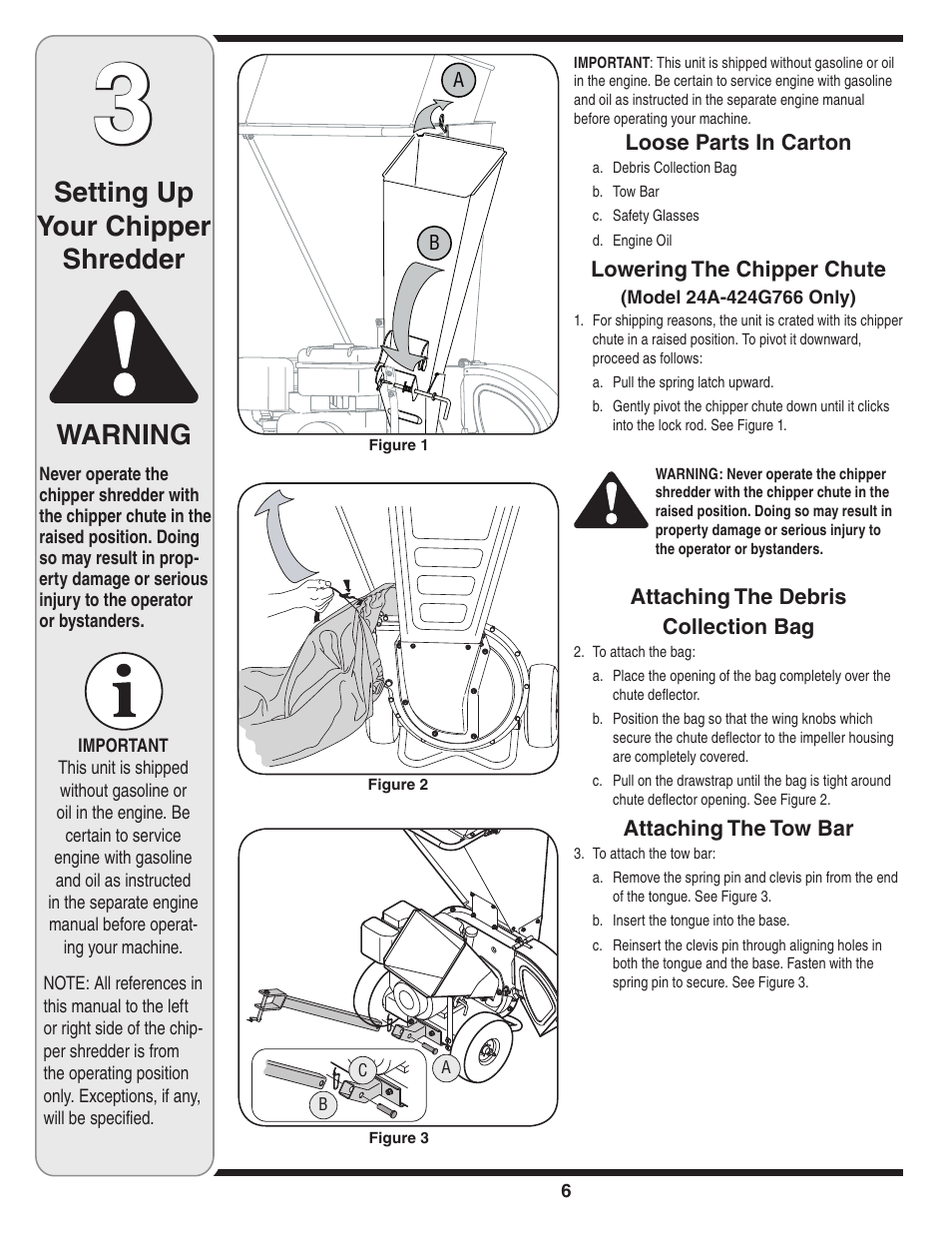 Setting up your chipper shredder, Warning | Troy-Bilt 424 User Manual | Page 6 / 16