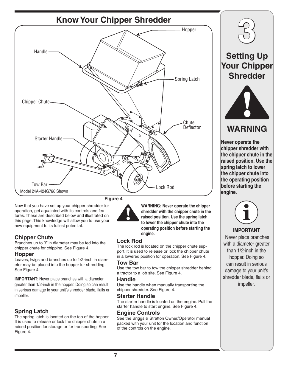 Setting up your chipper shredder, Know your chipper shredder warning | Troy-Bilt 424 User Manual | Page 7 / 16