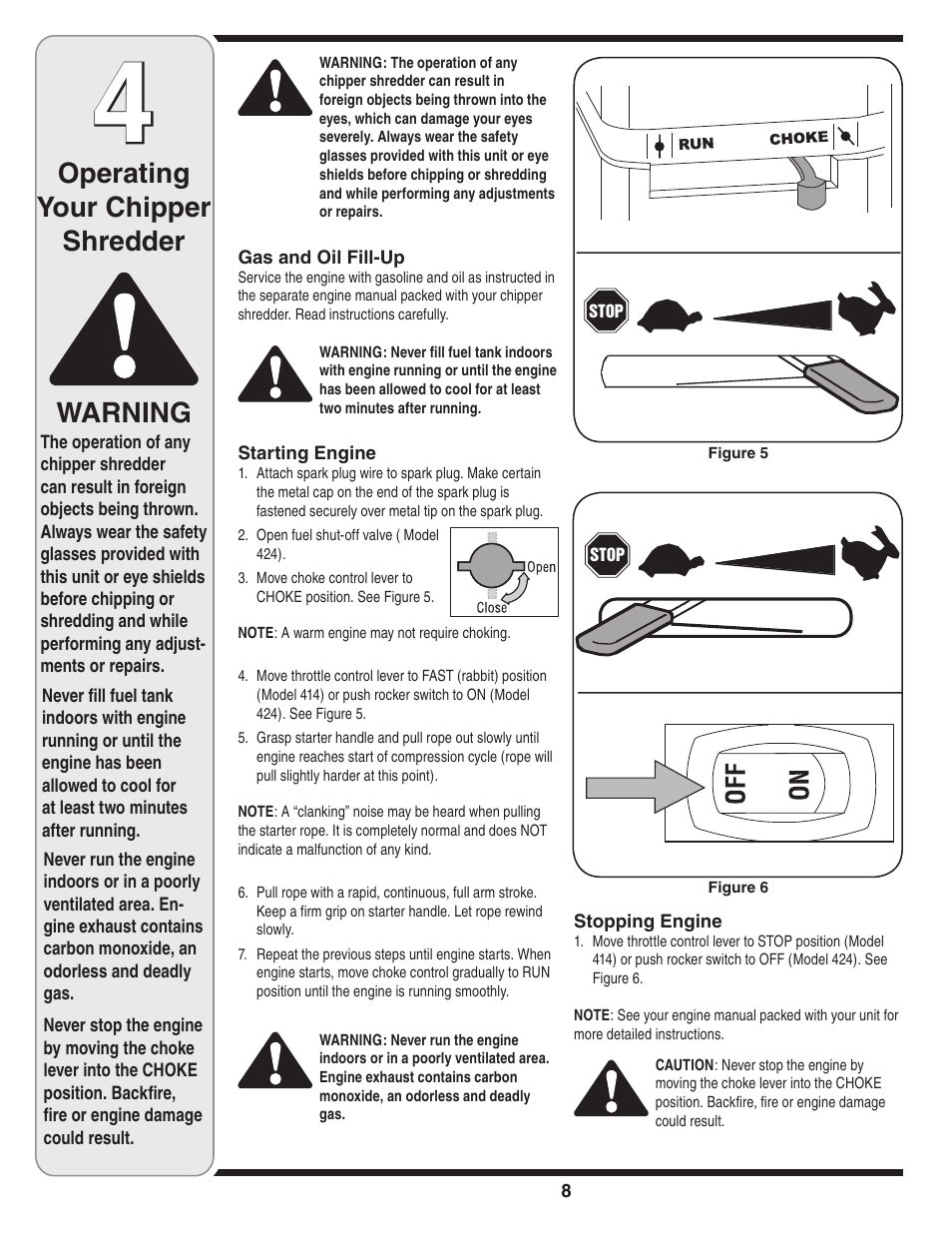 Operating your chipper shredder, Warning | Troy-Bilt 424 User Manual | Page 8 / 16
