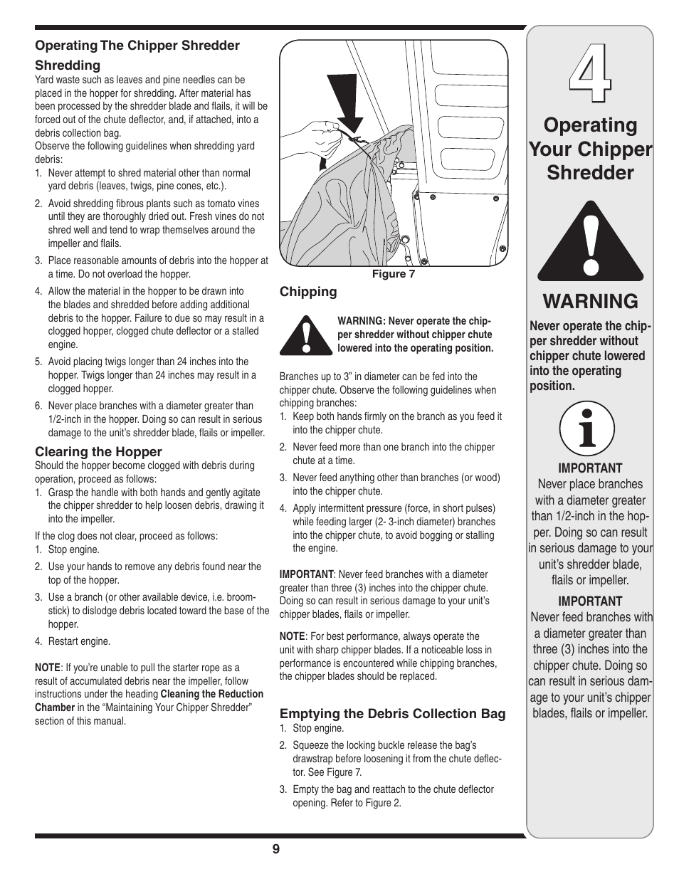 Warning, Operating your chipper shredder | Troy-Bilt 424 User Manual | Page 9 / 16