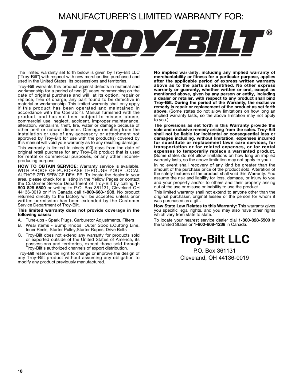 Troy-bilt llc, Manufacturer’s limited warranty for | Troy-Bilt TB144 User Manual | Page 18 / 56