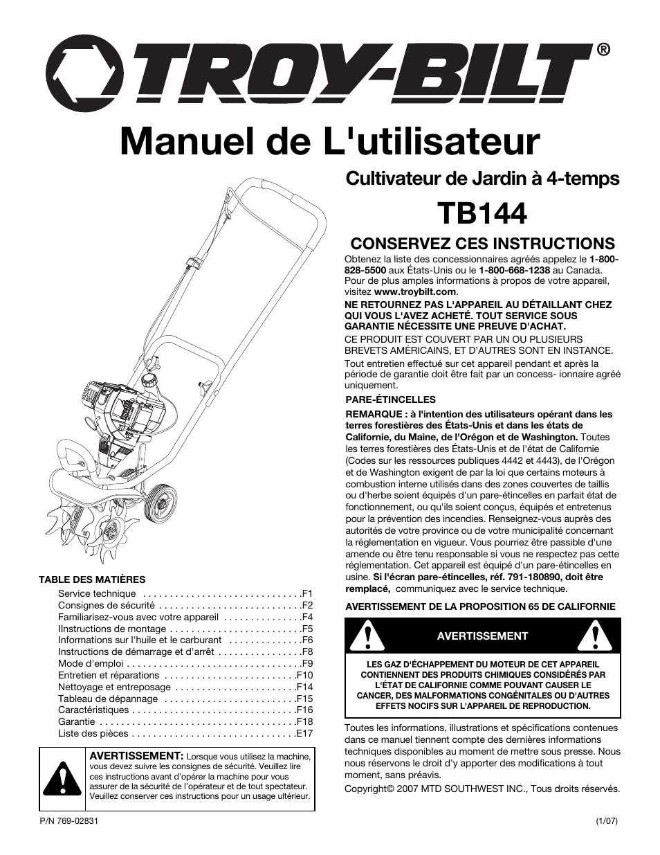 Manuel de l'utilisateur, Tb144, Cultivateur de jardin à 4-temps | Conservez ces instructions | Troy-Bilt TB144 User Manual | Page 19 / 56