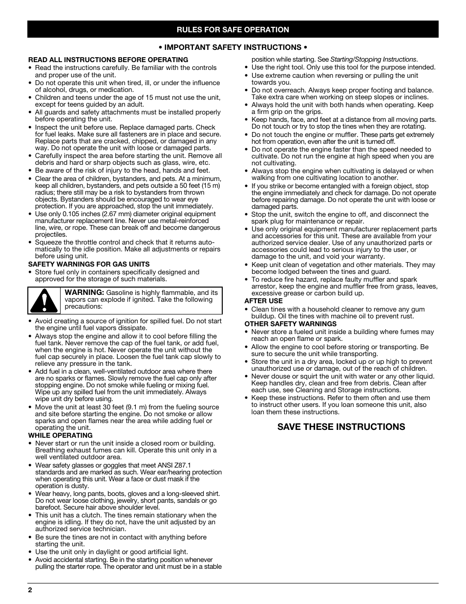 Save these instructions | Troy-Bilt TB144 User Manual | Page 2 / 56