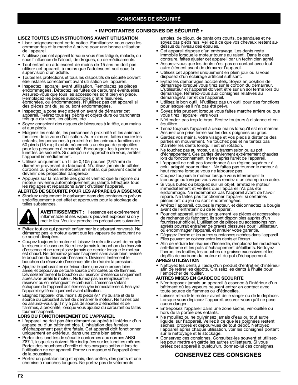 Conservez ces consignes | Troy-Bilt TB144 User Manual | Page 20 / 56