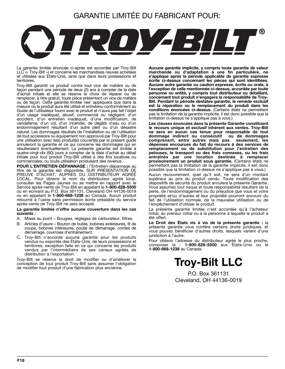 Troy-bilt llc, Garantie limitée du fabricant pour | Troy-Bilt TB144 User Manual | Page 36 / 56