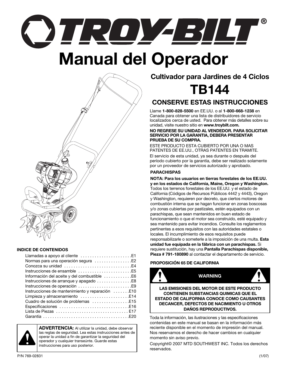 Manual del operador, Tb144, Cultivador para jardines de 4 ciclos | Conserve estas instrucciones | Troy-Bilt TB144 User Manual | Page 37 / 56