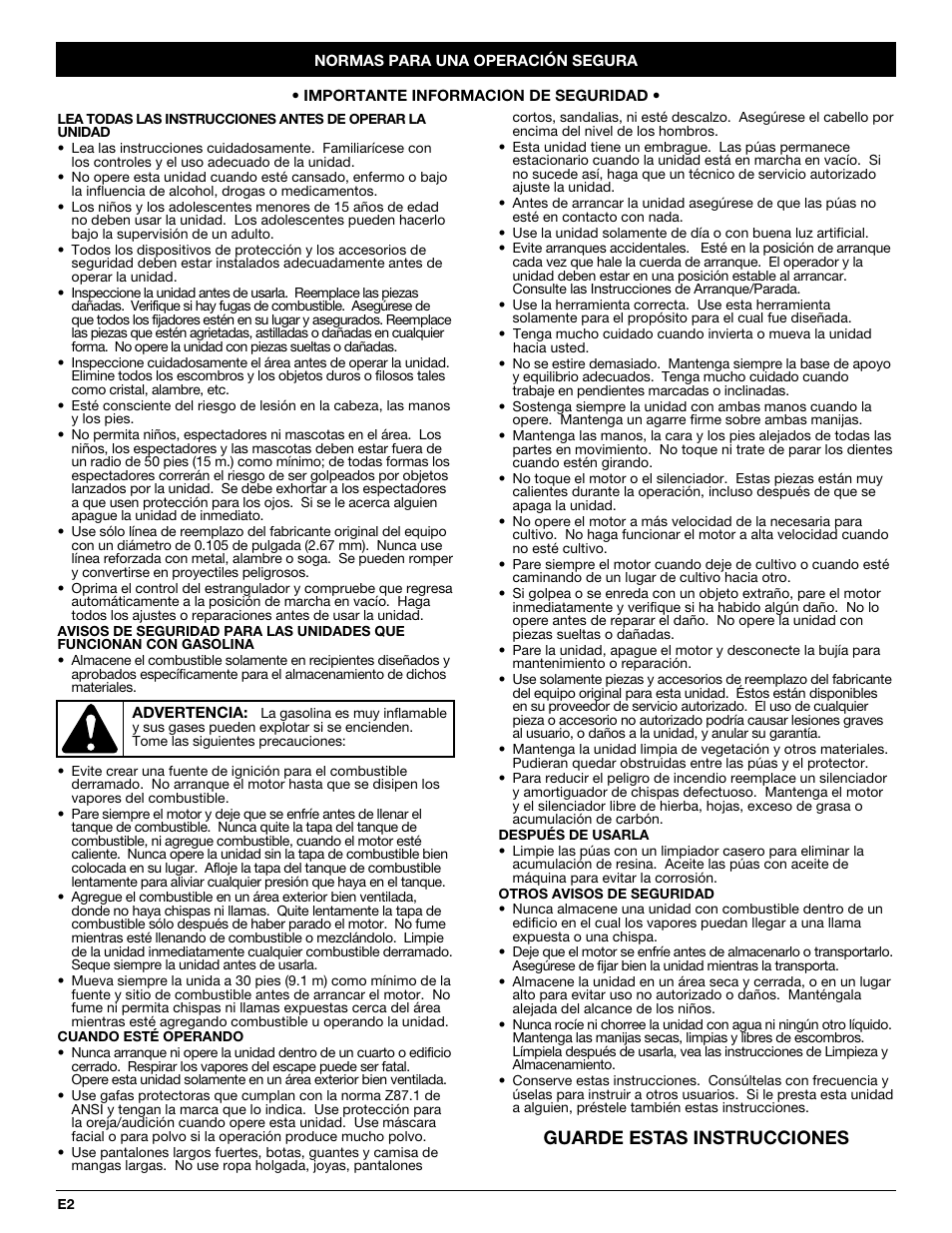 Guarde estas instrucciones | Troy-Bilt TB144 User Manual | Page 38 / 56