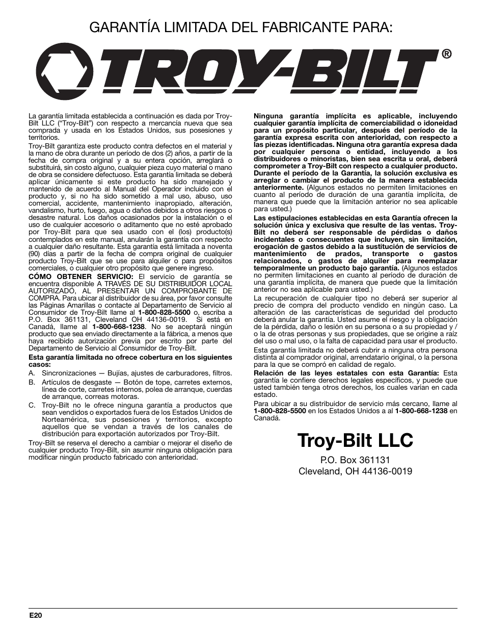 Troy-bilt llc, Garantía limitada del fabricante para | Troy-Bilt TB144 User Manual | Page 56 / 56