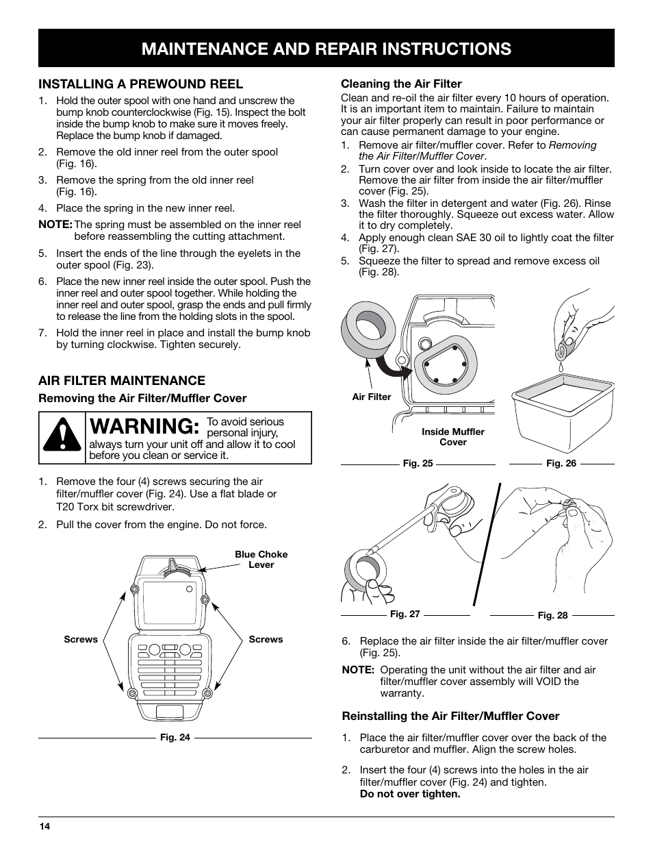 Warning, Maintenance and repair instructions | Troy-Bilt TB70SS User Manual | Page 14 / 64