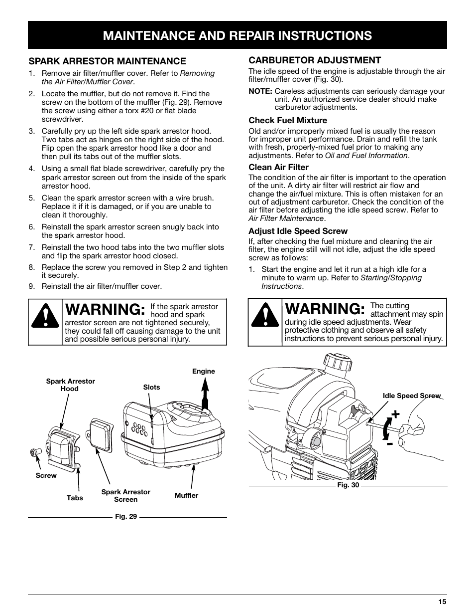 Warning, Maintenance and repair instructions | Troy-Bilt TB70SS User Manual | Page 15 / 64
