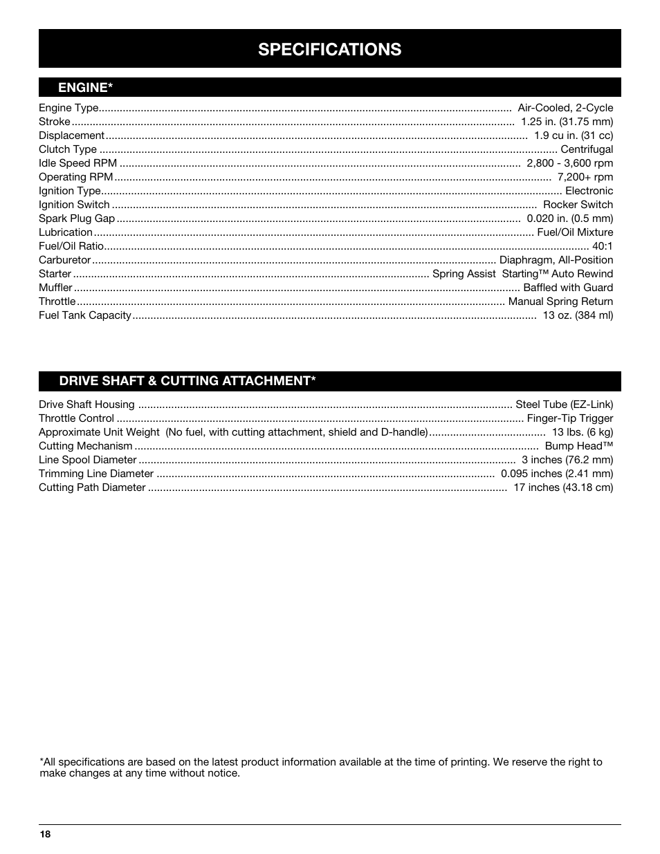Specifications | Troy-Bilt TB70SS User Manual | Page 18 / 64