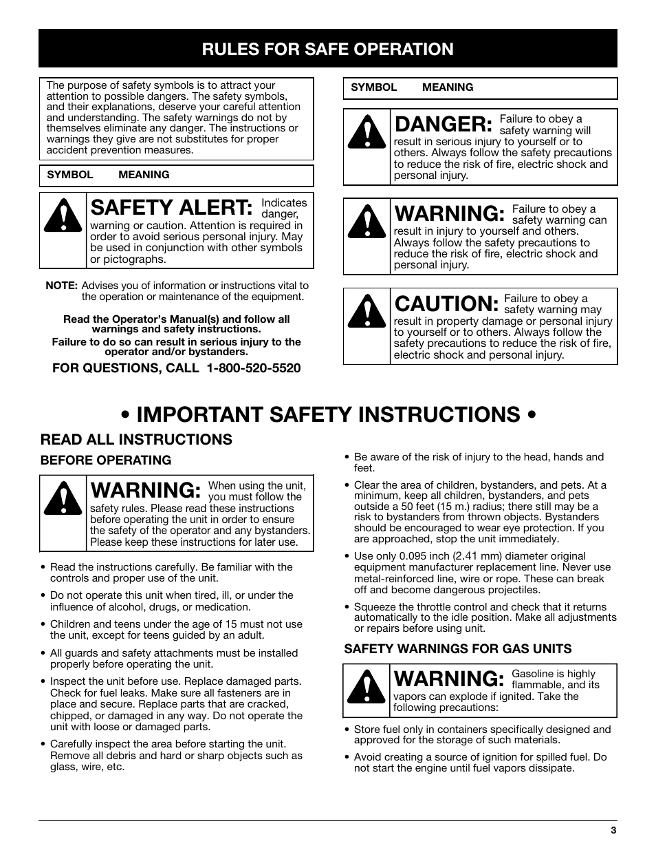 Warning: • important safety instructions, Warning, Danger | Caution, Safety alert, Rules for safe operation, Read all instructions | Troy-Bilt TB70SS User Manual | Page 3 / 64