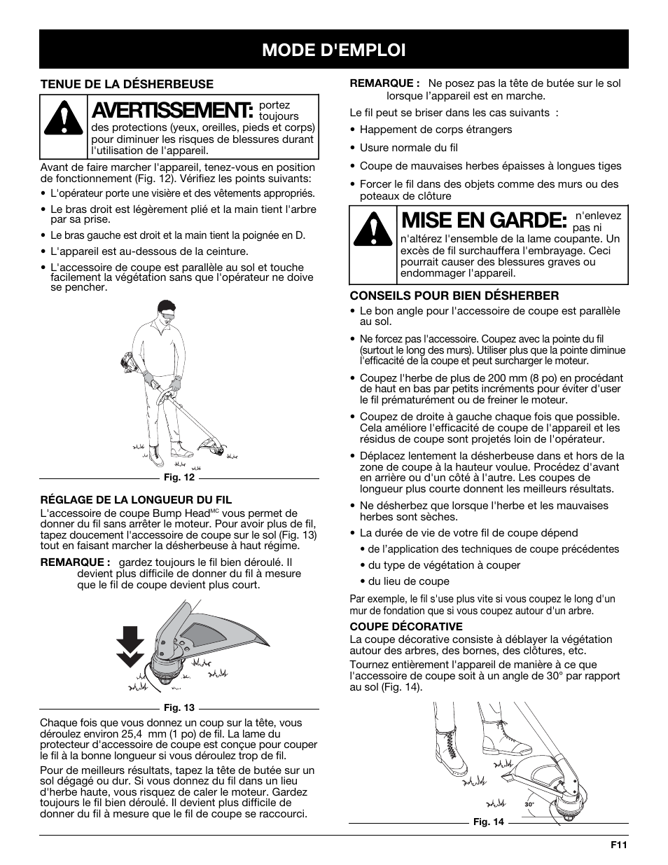 Mise en garde, Avertissement, Mode d'emploi | Troy-Bilt TB70SS User Manual | Page 31 / 64