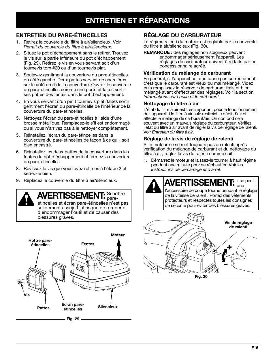 Avertissement, Entretien et réparations | Troy-Bilt TB70SS User Manual | Page 35 / 64