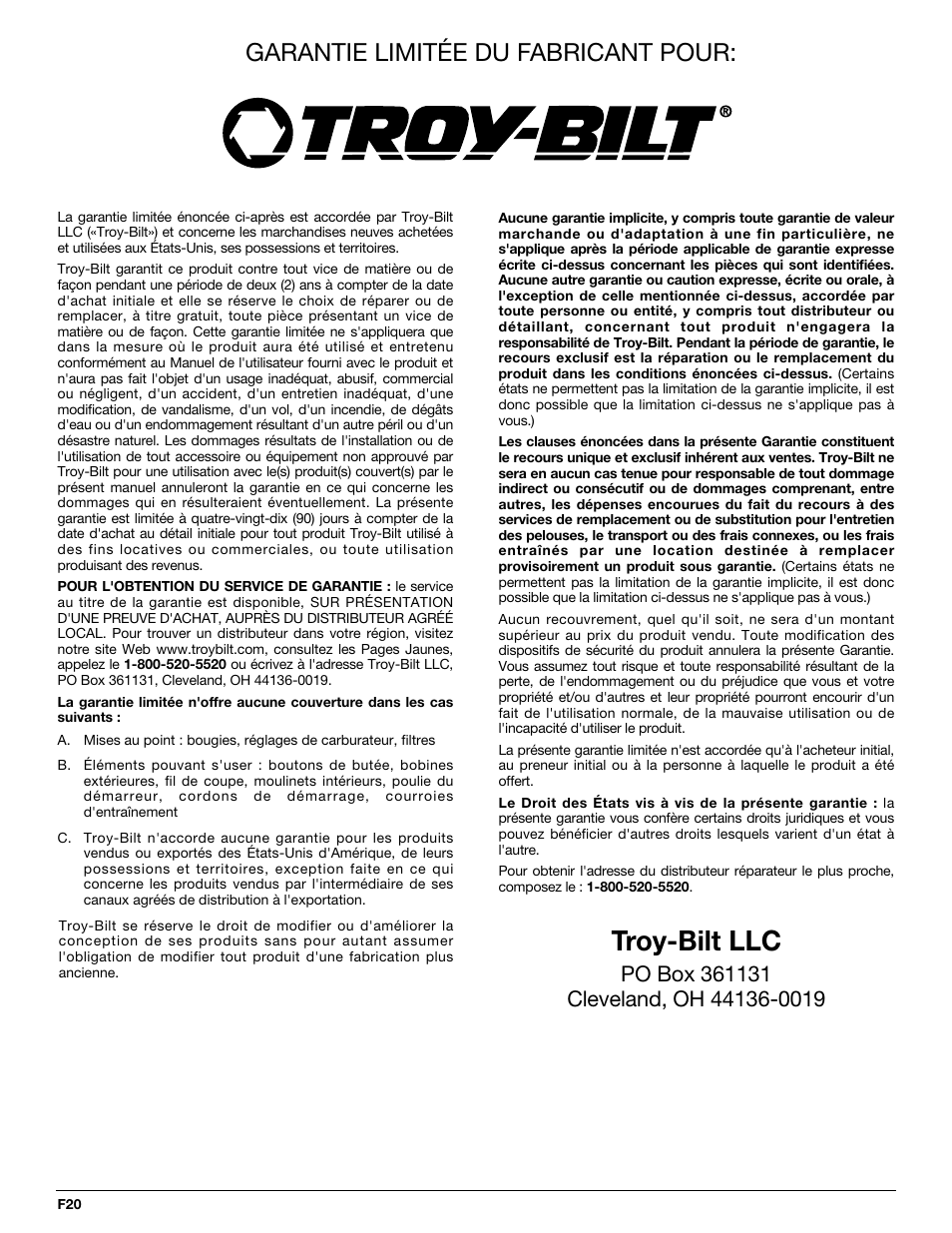 Troy-bilt llc, Garantie limitée du fabricant pour | Troy-Bilt TB70SS User Manual | Page 40 / 64