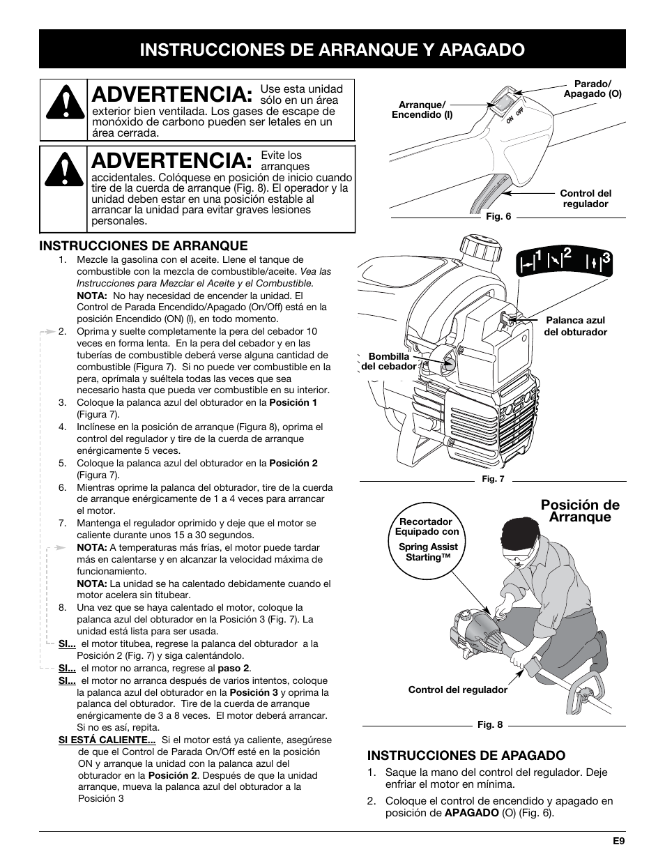 Advertencia, Instrucciones de arranque y apagado, Posición de arranque | Troy-Bilt TB70SS User Manual | Page 49 / 64