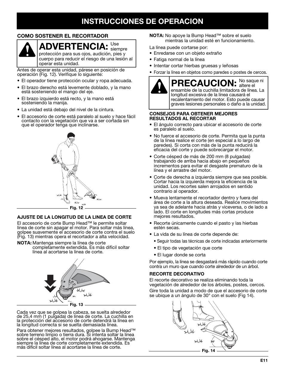 Precaucion, Advertencia, Instrucciones de operacion | Troy-Bilt TB70SS User Manual | Page 51 / 64