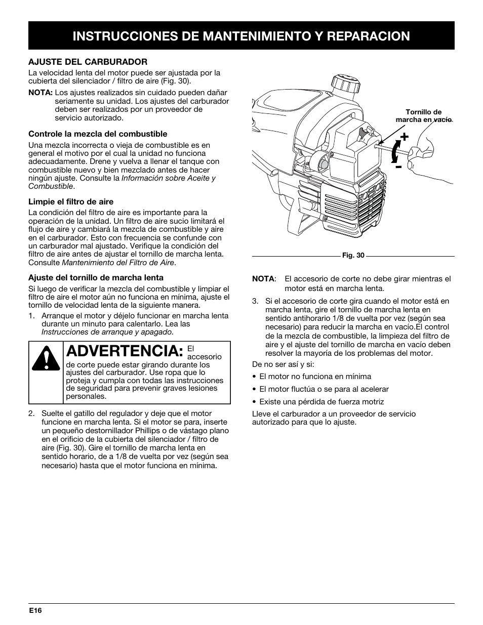 Advertencia, Instrucciones de mantenimiento y reparacion | Troy-Bilt TB70SS User Manual | Page 56 / 64