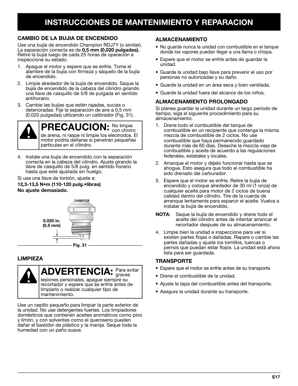 Advertencia, Precaucion, Instrucciones de mantenimiento y reparacion | Troy-Bilt TB70SS User Manual | Page 57 / 64