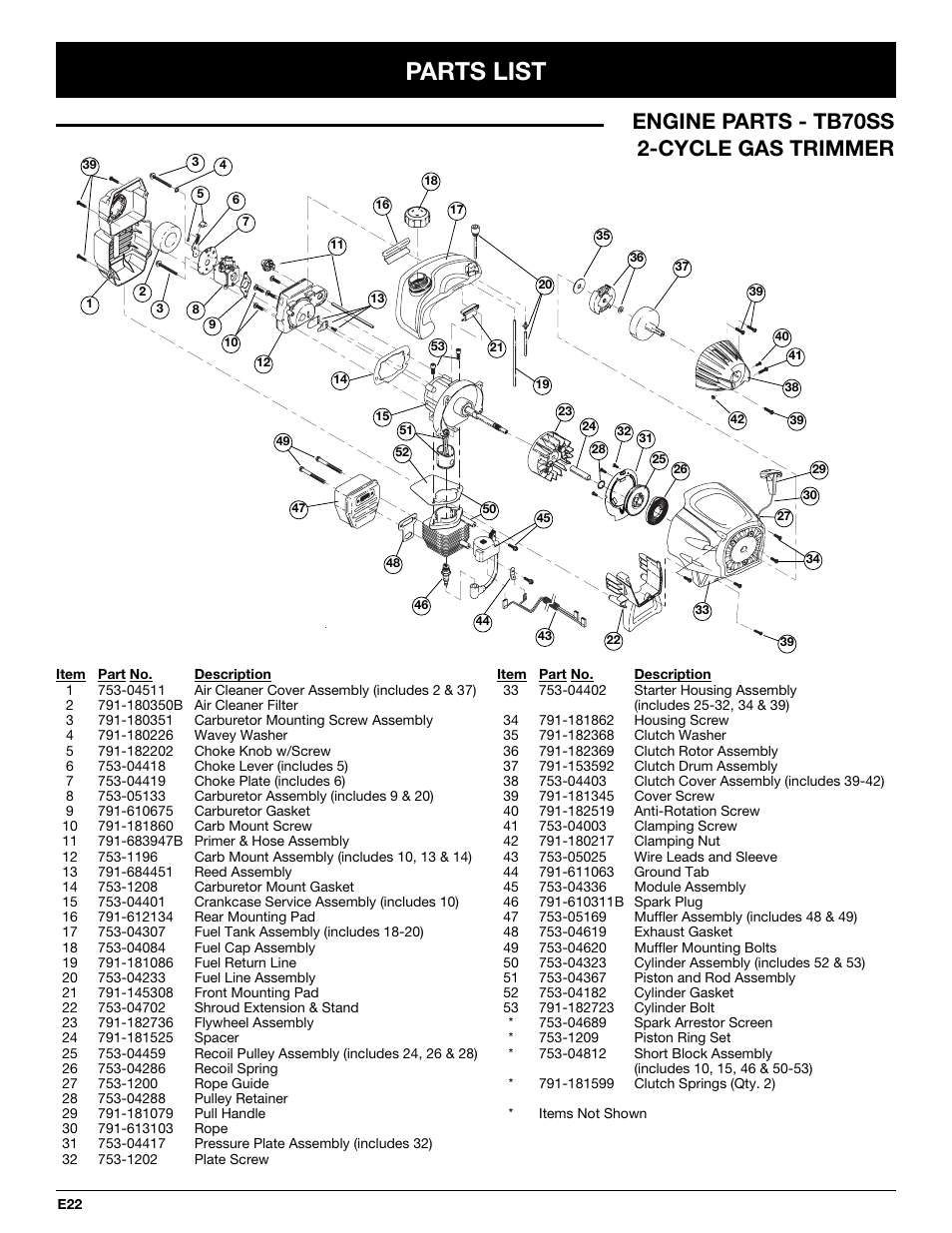 Parts list, Engine parts - tb70ss 2-cycle gas trimmer | Troy-Bilt TB70SS User Manual | Page 62 / 64