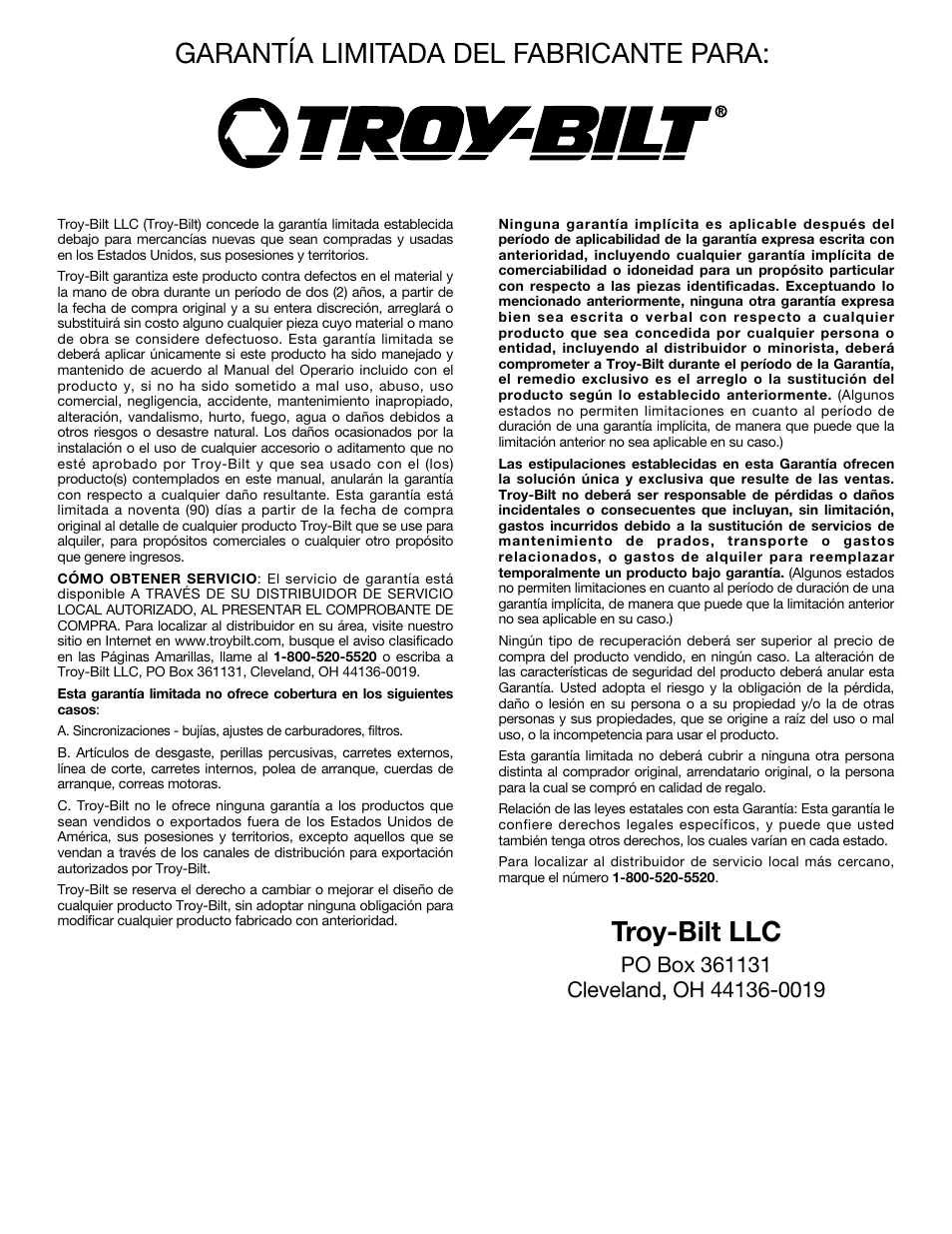Garantía limitada del fabricante para, Troy-bilt llc | Troy-Bilt TB70SS User Manual | Page 64 / 64