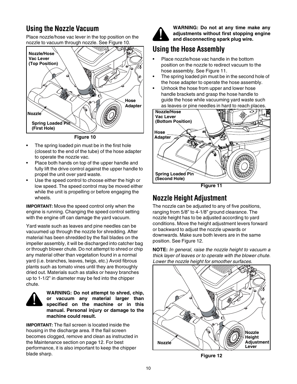 Using the nozzle vacuum, Nozzle height adjustment, Using the hose assembly | Troy-Bilt 24A-070F766 User Manual | Page 10 / 20