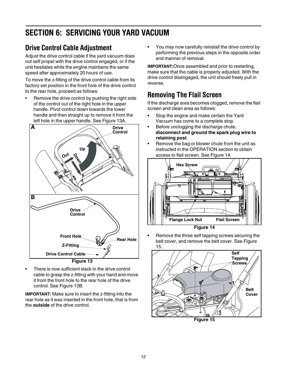 Section 6: servicing your yard vacuum, Drive control cable adjustment, Removing the flail screen | Troy-Bilt 24A-070F766 User Manual | Page 12 / 20