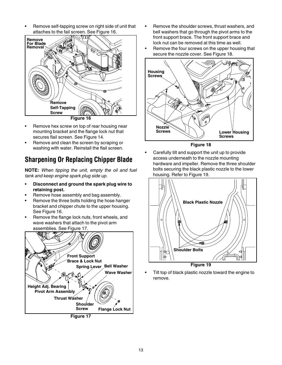 Sharpening or replacing chipper blade, R to figure 17 | Troy-Bilt 24A-070F766 User Manual | Page 13 / 20