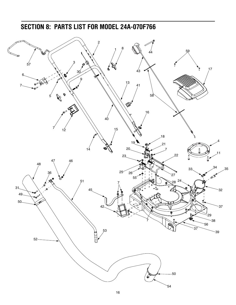 Section 8: parts list for model 24a-070f766 | Troy-Bilt 24A-070F766 User Manual | Page 16 / 20