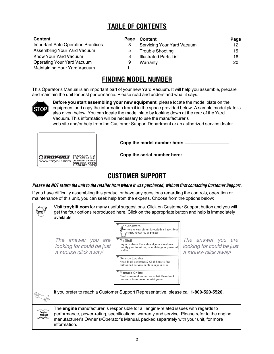 Table of contents finding model number, Customer support | Troy-Bilt 24A-070F766 User Manual | Page 2 / 20